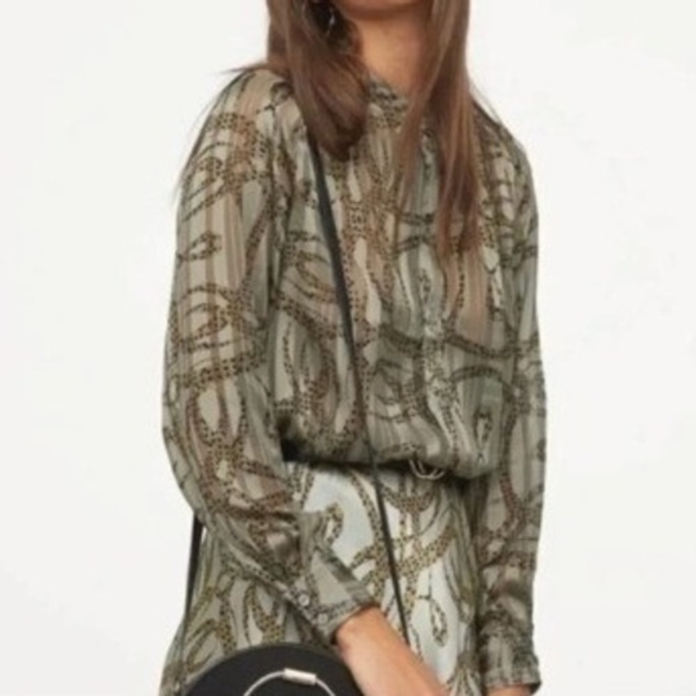 Richard Allen H&M Sheer Snake Print Blouse Sage Green Geometric Shirt Womens 2